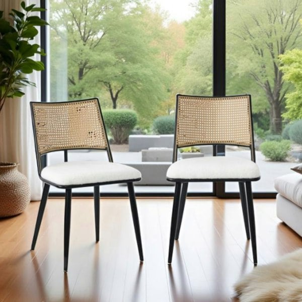Furniture One Dining Chairs Set of 2, Mid-Century Kitchen Chair-Rattan Backrest and Metal Frame, Upholstered Dining Chair with Living Room, Bedroom