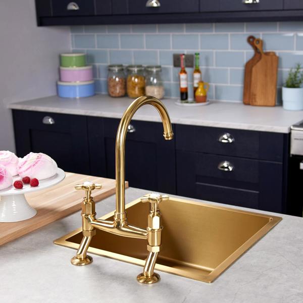 Flode Larvik | Kitchen Crosshead Bridge Mixer Tap | Polished Brass Finish