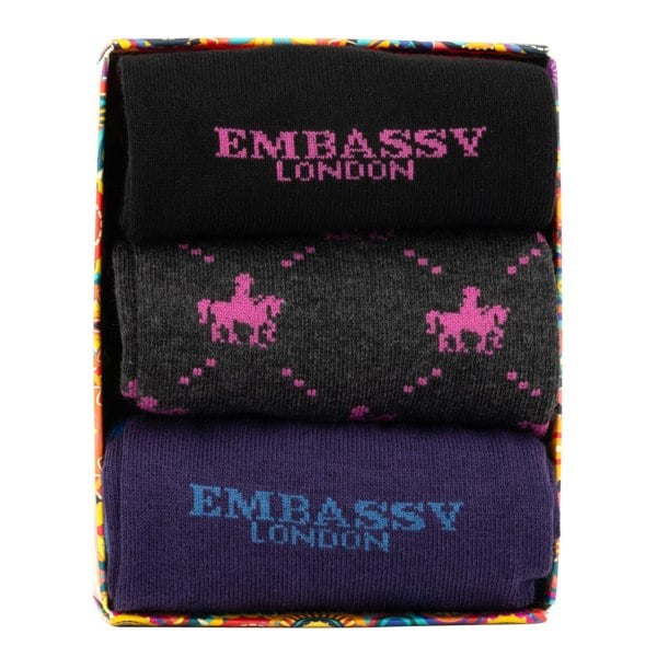 Embassy London Socktopus - Pink Horse - Men's 3 pack cotton crew socks size UK 6 to 12 in brand mix