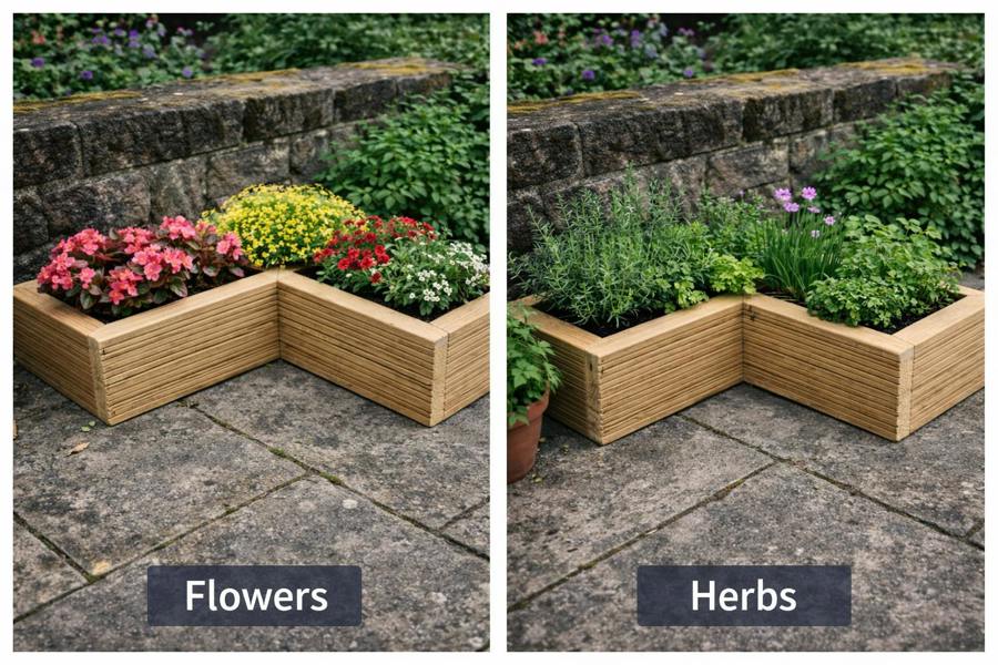 L-shaped wooden corner planter with flowers on one side and herbs on the other
