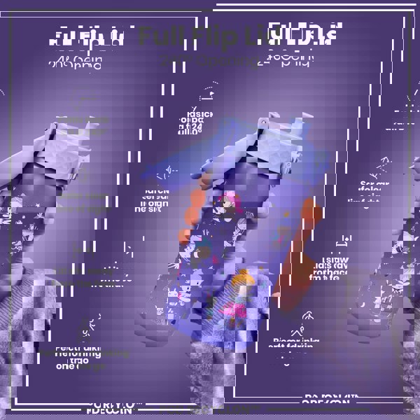 A purple water bottle, featuring a fairy design, is held; its full flip lid opens 240°. The bottle's lid is designed for safe, convenient on-the-go drinking. The text also reads "POD RECYCLON™".