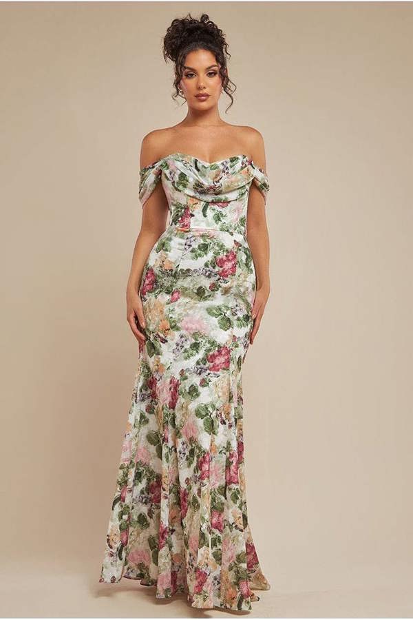 Cowl Neck Floral Print Jacquard Chiffon Maxi Dress - Cream DR4583