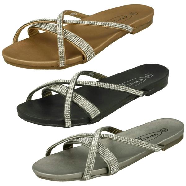 Spot On Ladies Spot On Diamante Flat Sandals