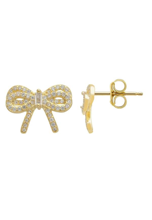 Gold bow-shaped earrings with clear stones on a white background
