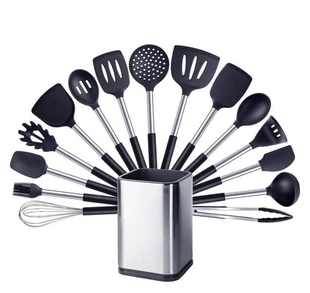 Anygleam Kitchen Utensils Non-stick Black/ Silver 15 Set Cooking Tool with Storage Box Accessories Heat Resistant Kitchenware