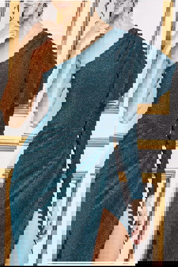 One Sleeve Frill Lurex Maxi Dress - Blue DR3693