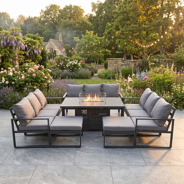 Fimous Aluminium 11 Seater Garden Furniture Outdoor Set Patio Lounge Sofa Gas Fire Pit Dining Table Set with 2 Big Footstools Dark Grey