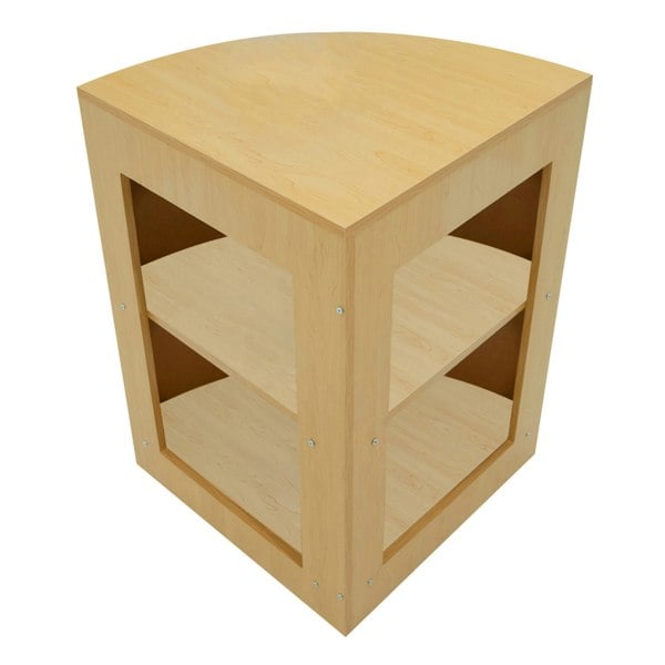 Maple Helios LED shop counter set with a curved top, open shelving, and a light wood finish, ideal for retail displays
