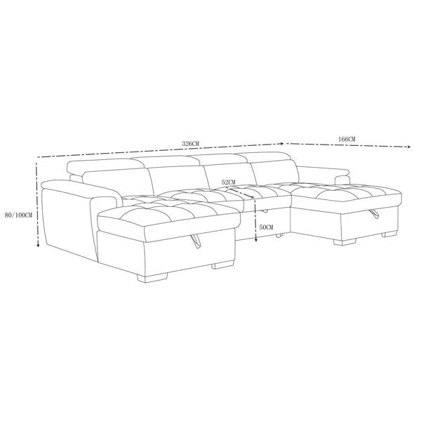Furnishings For Less Alora 4–5 Seater Grey Fabric U-Shaped Sofa with Storage & Headrests