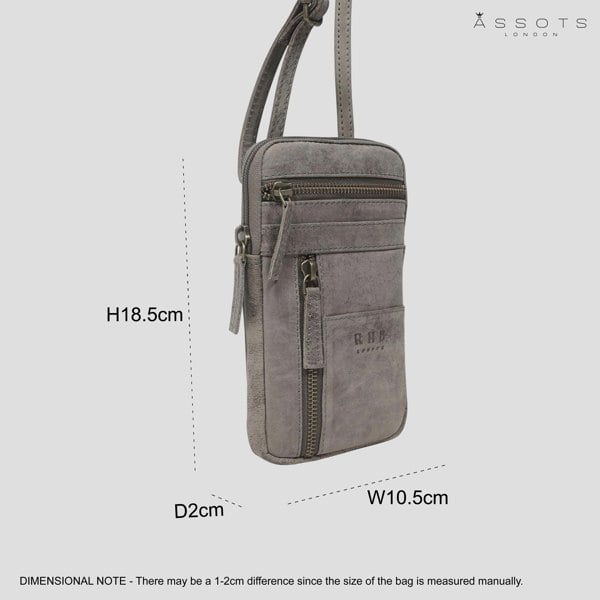 Real Hide Bags 'BROOKE' Grey Distressed Real Leather Mobile Phone Crossbody Bag
