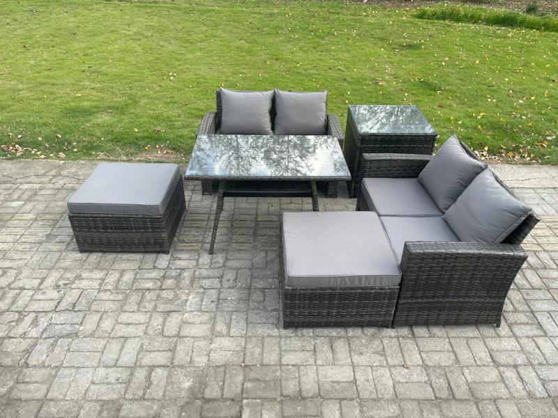 Fimous 6 Seater Garden Dining Set, Wicker PE Rattan, Outdoor Sofa, Dining Table, Double Seat Sofa, 2 Big Footstools and Side Table, Dark Grey Mixed
