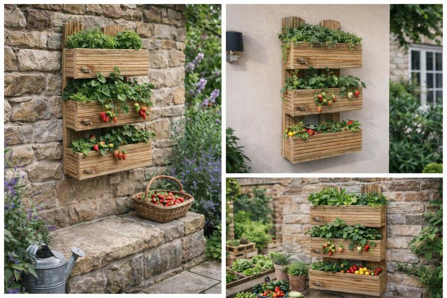 Wall-mounted triple tier wooden fruit planter growing herbs and strawberries