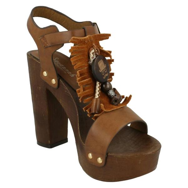 Savannah Ladies Savannah High Platform Wood Clog T-Bar Sandal