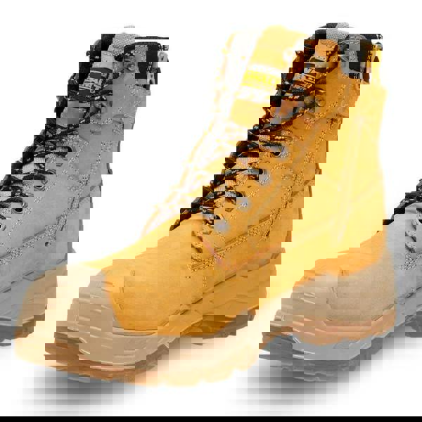 DeWalt Jamestown Mens Zip Up Safety Work Steel Toe S3 Ankle Boots, yellow leather work boots with black and yellow laces, rugged sole, and side zipper for safety and durability.