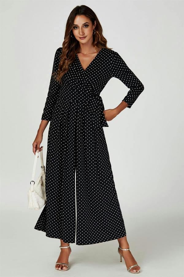 FS Collection Dot Print Wrap Top Jersey Jumpsuit In Black