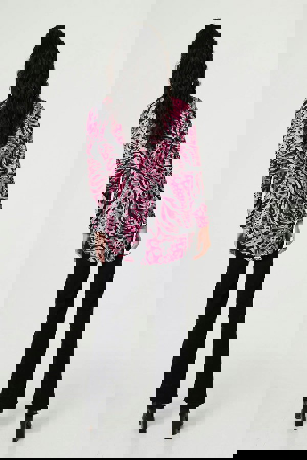 Pink | Animal Print Long Sleeve Curve Hem Top
