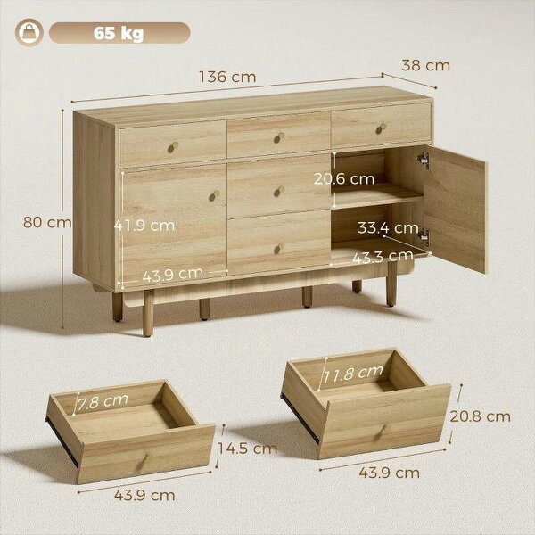 Sideboard with 5 Drawers and 2 Cabinets Buffet Cabinet with Solid Wood Legs 136 cm Walnut