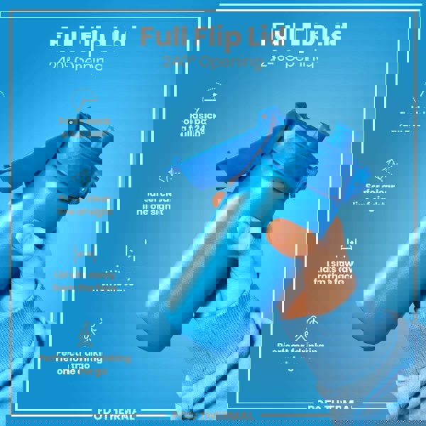 A blue water bottle with a flip lid is held, showcasing its 240° opening. The lid folds back, providing a clear view and sits away from the face. It's advertised as perfect for on-the-go drinking. POD THERMAL.