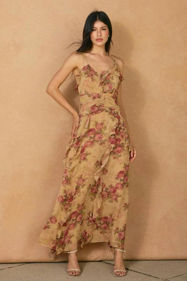 BALOU Womens Vintage Floral Ruffle Dress