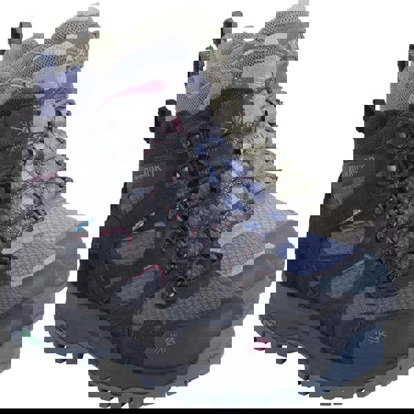 Karrimor Bodmin Mid 6 Womens Walking Hiking Trekking Boots, the image shows a pair of black, pink, and purple hiking boots with a rugged sole, adjustable laces, and breathable material designed for outdoor trekking.