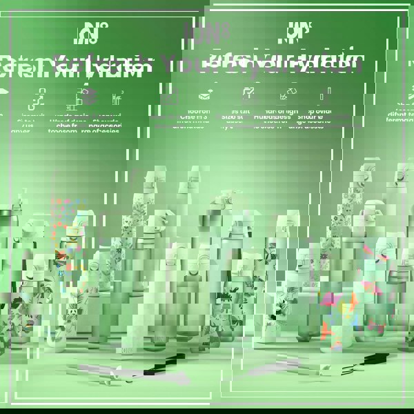 Several pastel-green water bottles, varying in size and design, are displayed on a mint-green surface. They feature various nature-themed illustrations. The accompanying text advertises a range of sizes, materials, and designs.