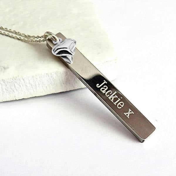 Personalised Silver Thin Bar Necklace &  Mini Heart Charm