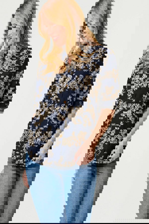 Navy | Floral Embroidered Long Sleeve Blouse
