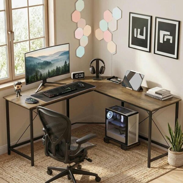 Corner L-Shape Computer Desk PC Workstation Writing Gaming Table Home Office - Grey Wood Effect
