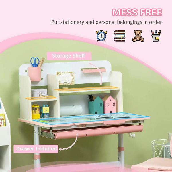 Pink kids desk with storage shelves and drawer, plus matching height-adjustable chair
