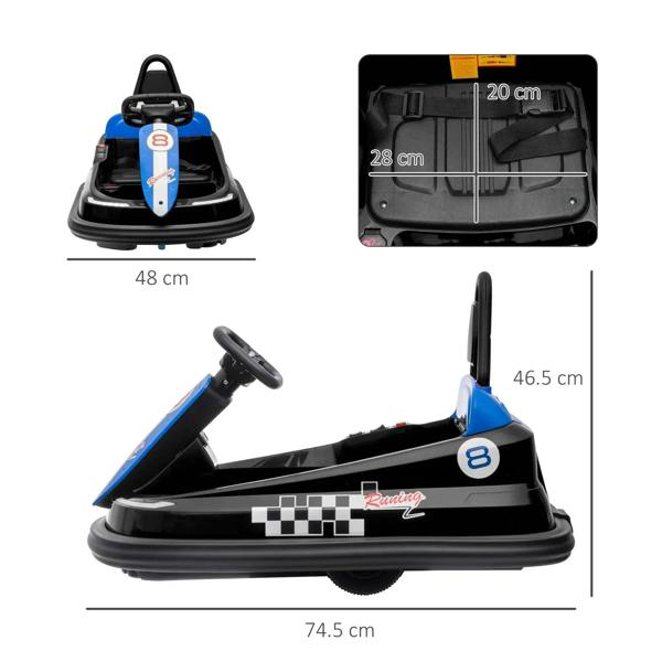 Kids electric bumper car with black base, blue panels, and seat safety belt