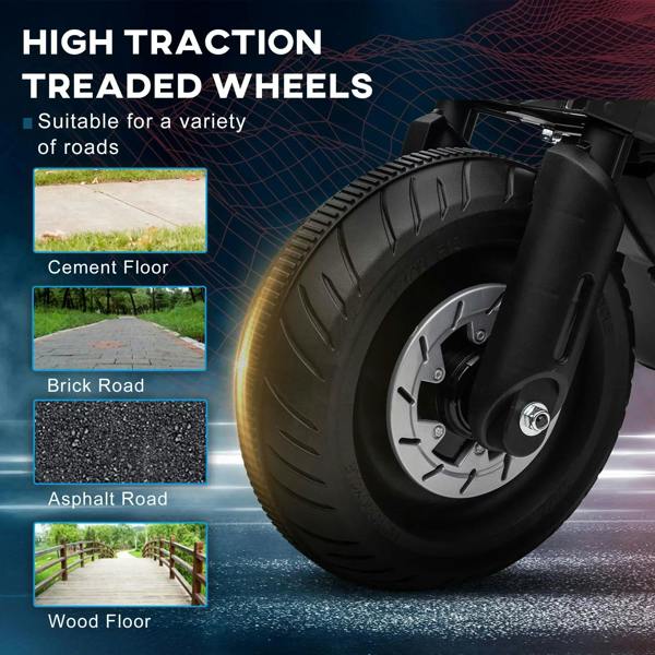 Black motorbike front wheel with deep tread for traction on different road surfaces