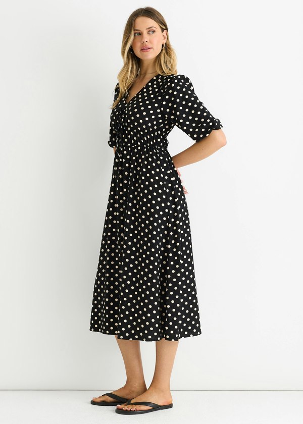 Gini London Black Spot Print Shirred Waist Shift Midi Dress