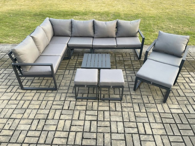 Fimous 10 Seater Outdoor Lounge Corner Sofa Set Aluminium Garden Furniture Sets with Square Coffee Table Chair 3 Footstools Dark Grey