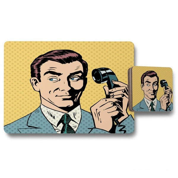 Benjamin Tate Design Male businessman talking on the phone style pop art retro (Placemat & Coaster Set)