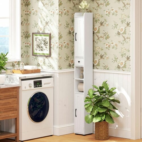 Wyld Haus Mittori Farmhouse Style Slim Bathroom Storage Cabinet With Barn Doors And Toilet Roll Holder White