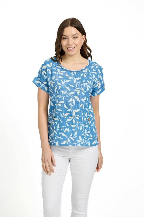 Mudflower Leaf Print Ladder Trim Top