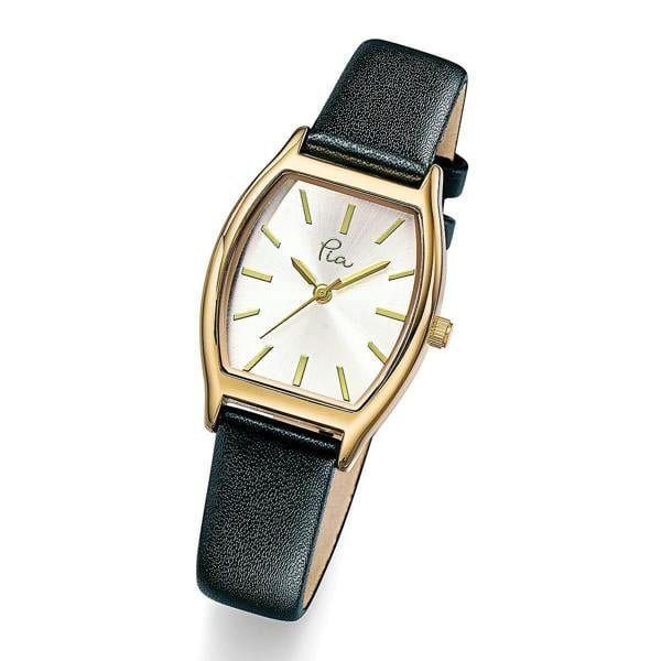 Pia A Moment in Time Black Watch, Gold-Tone Case with Black Leather Strap