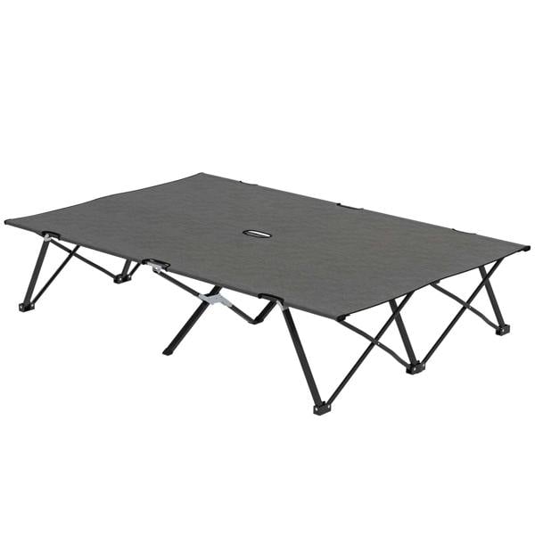 Charcoal grey double camping cot bed with fabric mattress and folding steel legs