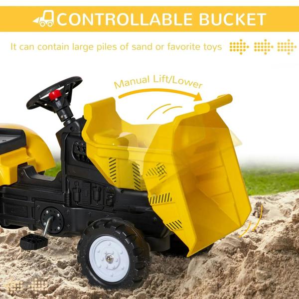 Yellow ride-on tractor go-kart with tilting front bucket and manual lift controls