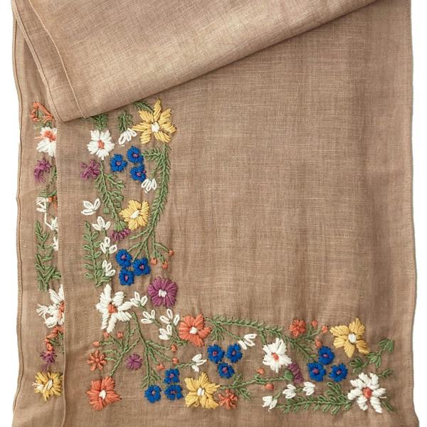 Hayley & Co Hand Embroidered 100% Linen Scarf in Soft Brown Floral