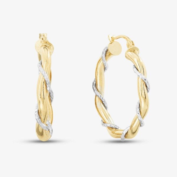 T. H. Baker 9ct Yellow Gold Two Tone Wave Rope Hoop Earrings UER137YW