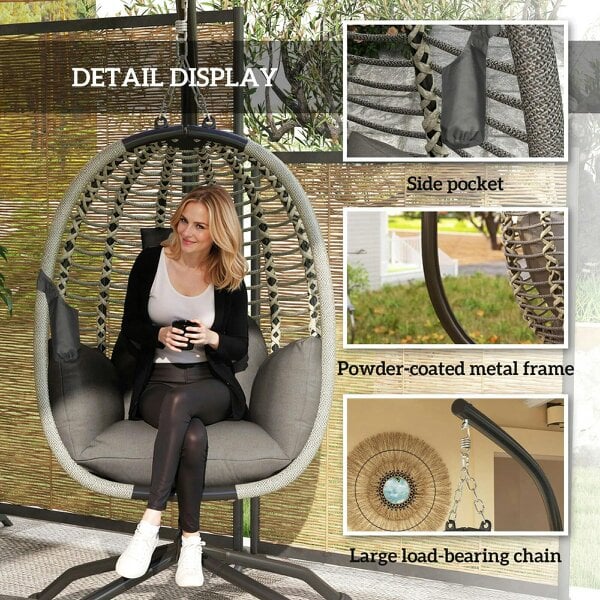 Bobobiy Outdoor Swing Chair with Thick Padded Cushion, Patio Hanging Egg Chair with Metal Stand, Foldable Basket, Rope Structure, Dark Grey