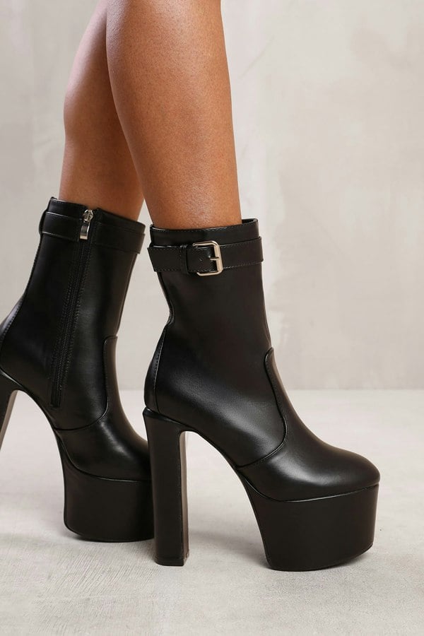 Where's That From Addison Platform Heeled Ankle Boot With Buckle Detail and Side Zip in Black Faux Leather