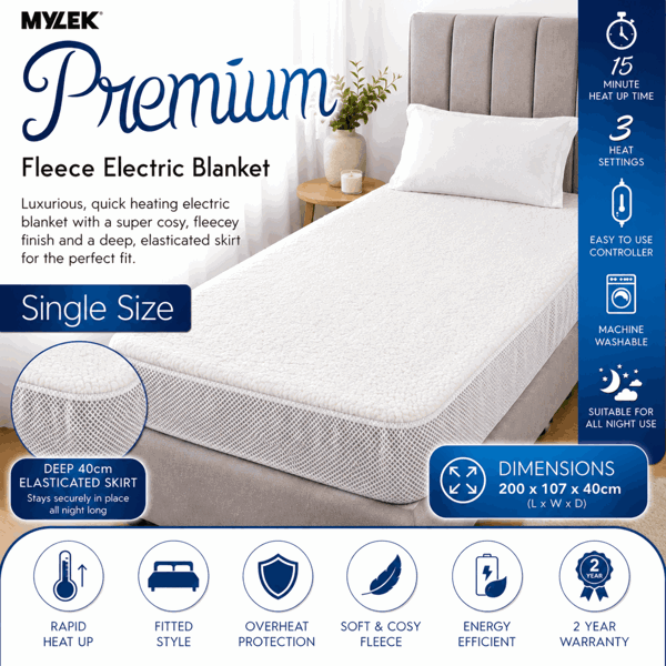 Mylek Electric Blanket Single Size Bed Premium Fleece Underblanket Dual Control with Elasticated Skirt