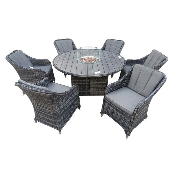 Furniture One 7 Piece 6 Seater Rattan Dining Sets with 150cm Round Gas Fire Pit Dining Table and Padded Rattan Armchair | Fully Assembled Chairs