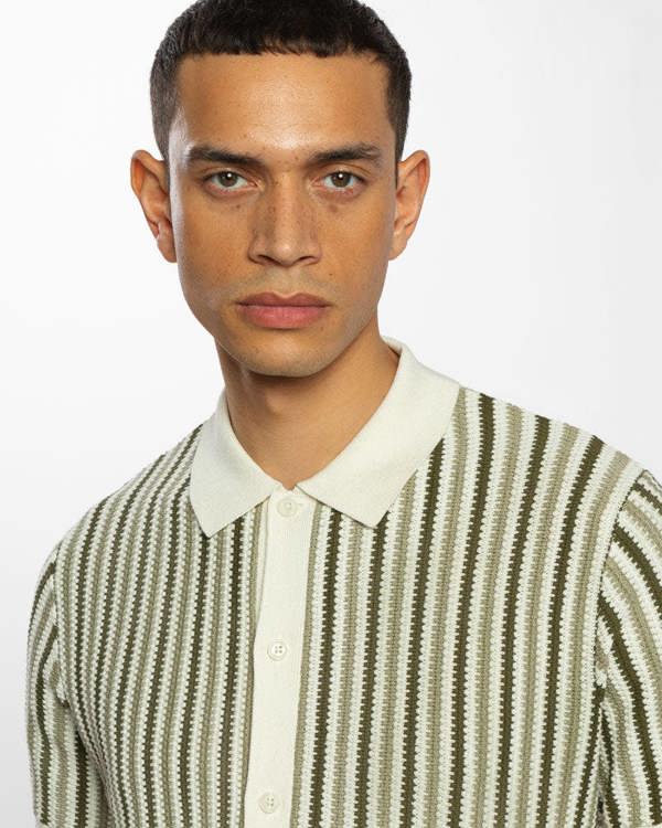 Steel & Jelly Tonal Stripe Knitted Button Polo Shirt