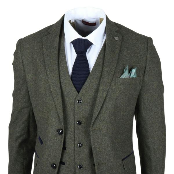 Infinity Leather Men's Olive Green Wool Blend Tweed Formal Suit