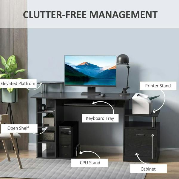 Black workstation desk with open shelf, keyboard tray area, and side cabinet drawer
