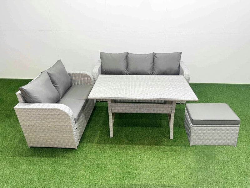 Fimous 6 Seater PE Rattan Wicker Garden Furniture Patio Conservatory Sofa Set with Rectangular Dining Table 3 Seater Sofa Love Sofa Big Footstool