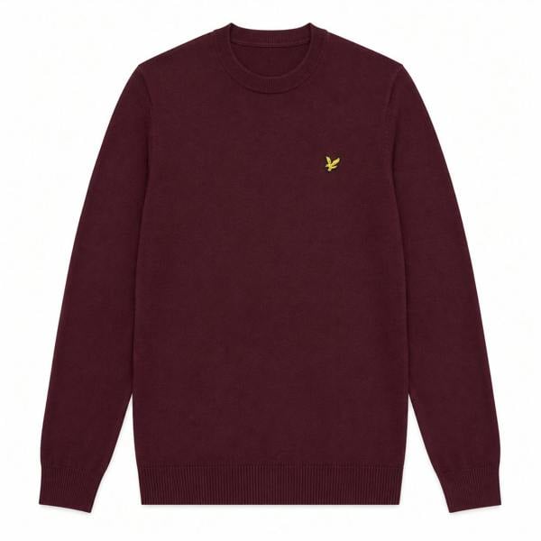 Burgundy Lyle & Scott merino wool crew neck jumper with ribbed cuffs and the signature golden eagle logo on the chest.